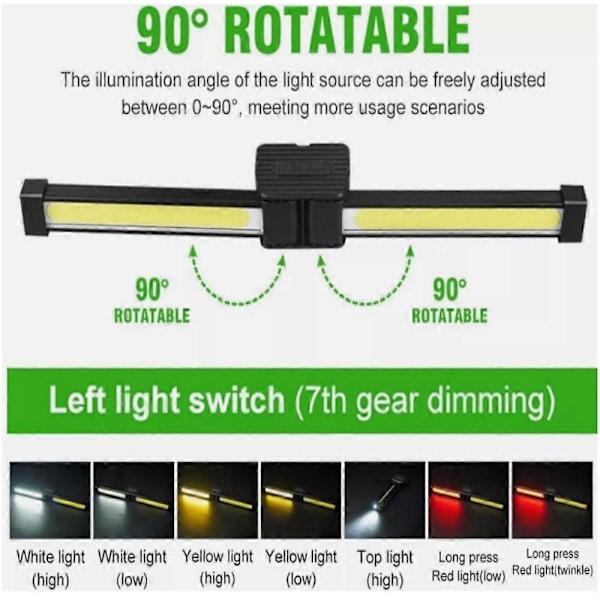Gymlampa för posering, 7:e växeln dimning, bärbar magnetisk LED-ficklampa med krok
