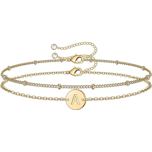 Gull Initial Armbånd F03or Kvinner Jenter, Sjarmerende 14k Gull F03ylt Lagdelt Perlet Brev Initial Armbånd Personlig 26 Alfabet Skive Monogram Charm