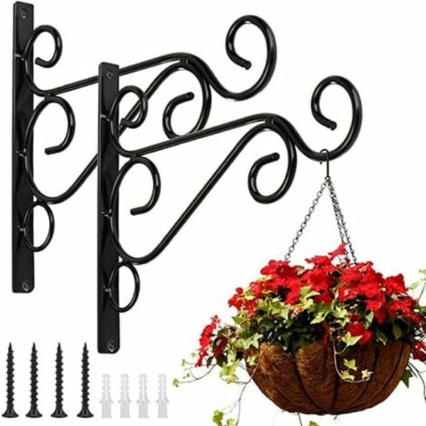 Basket Holder Iron Wall Hook Outdoor Metal Hanger with Screws Botanical Garden Decoration (2PCS Black 2025CM)