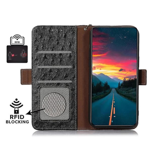 Telefon Wallet Case til Nokia C32, Ægte Ko Læder Stand Telefon Cover Style B Nokia C32 Sort
