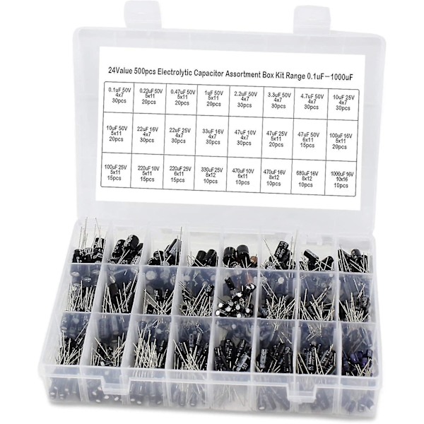 500 Stykker Aluminium Kit Område Elektrolytisk Kondensatorboks Indeholder 0,1uf-1000uf