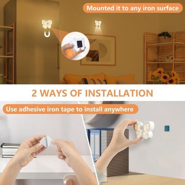 Natlampe med bevægelsessensor, 2 USB-genopladelige sommerfuglelamper, trådløs magnetisk montering, 3 farver og