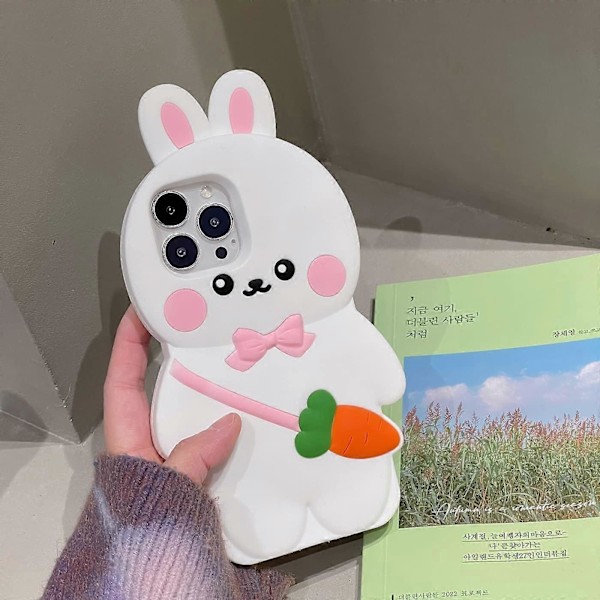 Kawaii-puhelimen kuoret iPhone 13 Pro Maxille, söpö 3D-piirretty pupu puhelimen suojus pehmeä silikoninen hauska valkoinen pupu porkkana-laukku kotelo