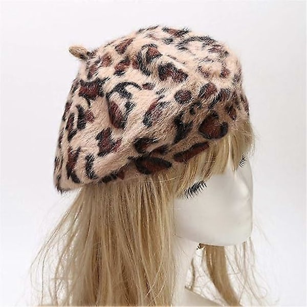 Kvinders Leopard Print Beret Hat Uld Fransk Beret Cap Vinter Varmt Beanie Hat