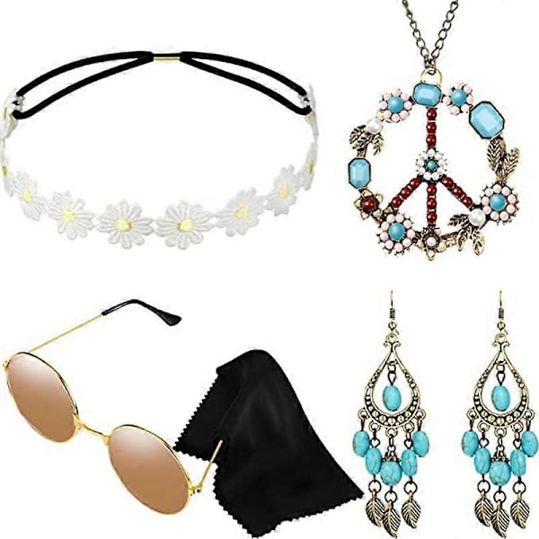 Hippie Kostymset med Solglasögon, 4 delar Hippie Kläder Kvinnor Män Tillbehör, 60-tal 70-tal Kläder, Abba Kostym - Fredstecken Halsband och Örhänge