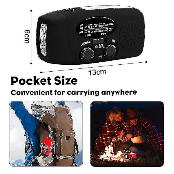 Bärbar solcellsdriven nödhandvev Radio Am/fm Radio 1000mah Uppladdningsbar Power Bank USB Mobilladdare Led Ficklampa