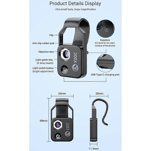 APEXEL 200X Suurennus Mikroskooppilinssi CPL:llä, Mobiili LED-valo, Mini Tasku Makrolinssit iPhonelle
