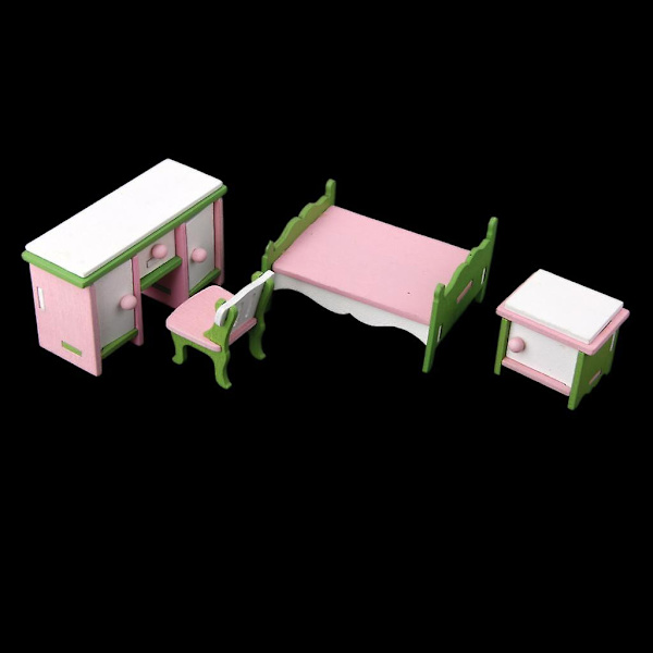 Dockhus Miniatyr Möbler Trä Leksak Barn Sovrum Set