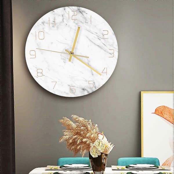Quartz Analog Tyst Marmor Väggklocka 3D Chic Vit Marmortryck Modern Rund Väggklocka Nordisk Crea