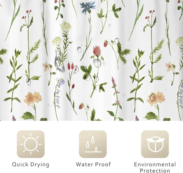 Växtduschdraperier - badrum - mått 180 bredd x 180 cm hög - akvarell vildblomma duschdraperier - med blommor - blad
