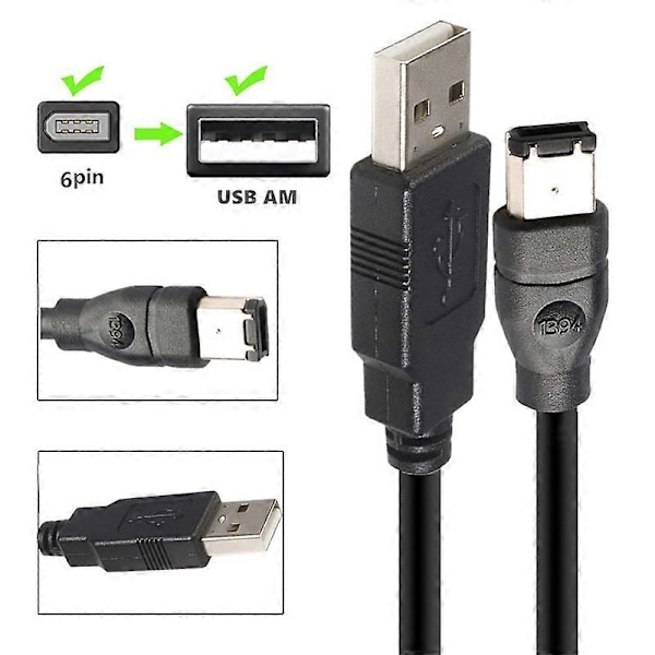 Type A JUNSUNMAY 1.8m Firewire IEEE 1394 6 Pin Han til USB 2.0 Han Adapter Konverter Kabel
