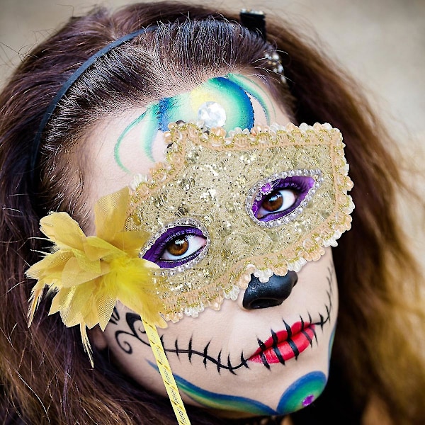 Halloween Lacemaske Håndholdt Maskerademaske Performance Rekvisitter Festtilbehør Guld