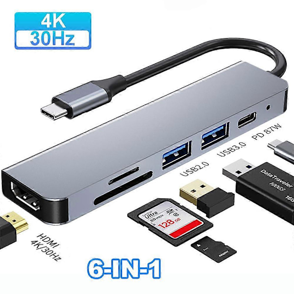 6-in-1 USB C -keskitin, Type C -sovitin 4K HDMI SD TF -kortille PD-pikalatausjakaja Type C -telakointiasema PC-kannettavalle