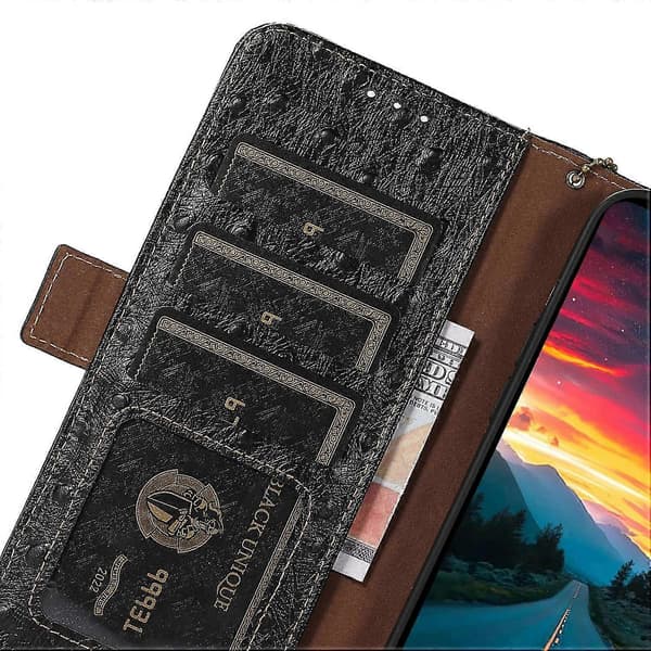Telefon Wallet Case til Nokia C32, Ægte Ko Læder Stand Telefon Cover Style B Nokia C32 Sort