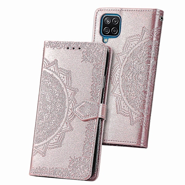 Kompatibel med Samsung Galaxy A12 Etui Læder Pengetæske Cover Embosseret Mandala Magnetisk Flip Beskyttelse Stødsikker - Rosaguld