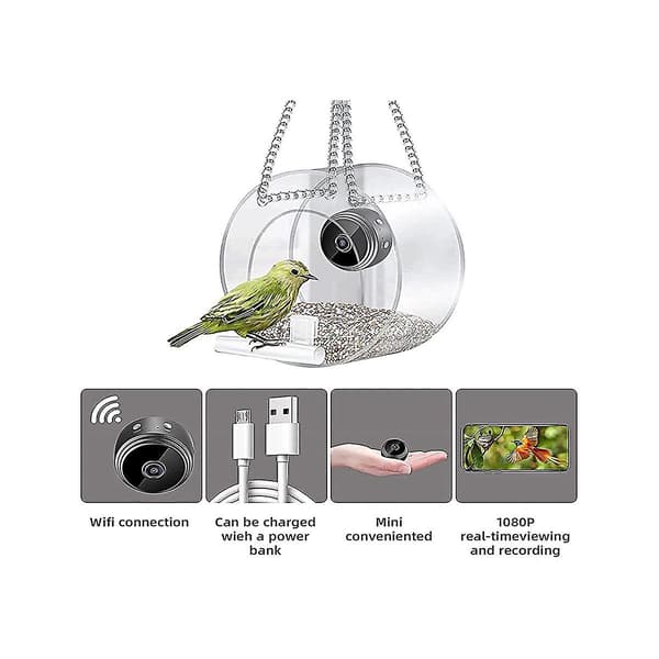 Fuglefoderautomat med Trådløst Udendørs Kamera, Fuglehus med 720P Kamera Natversion WiFi Kamera, Sort
