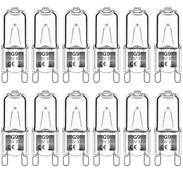 12-pack G9 Halogenlampor 33W 230V 2800K Varmvitt 380lm, Klar Kapsel Halogenlampor Dimbar, Ingen Stroboskop, Ingen Flimmer