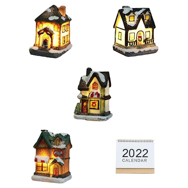 4 stk. Lysende Julepynt LED Hus Miniaturehus Med Kalender