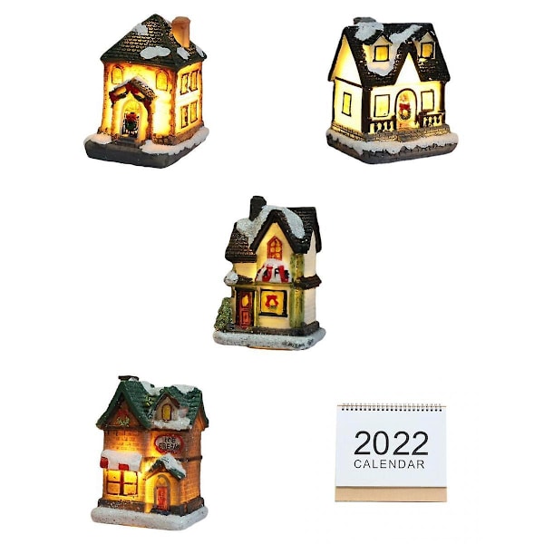 4 stk Lysende Julepynt LED Hus Miniatyrhus Med Kalender