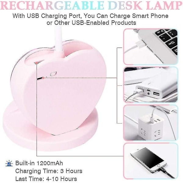 LED skrivebordslampe for jenter, øyevennlig bordlampe med pennholder, oppladbar USB-port, 2 fargetemperaturer
