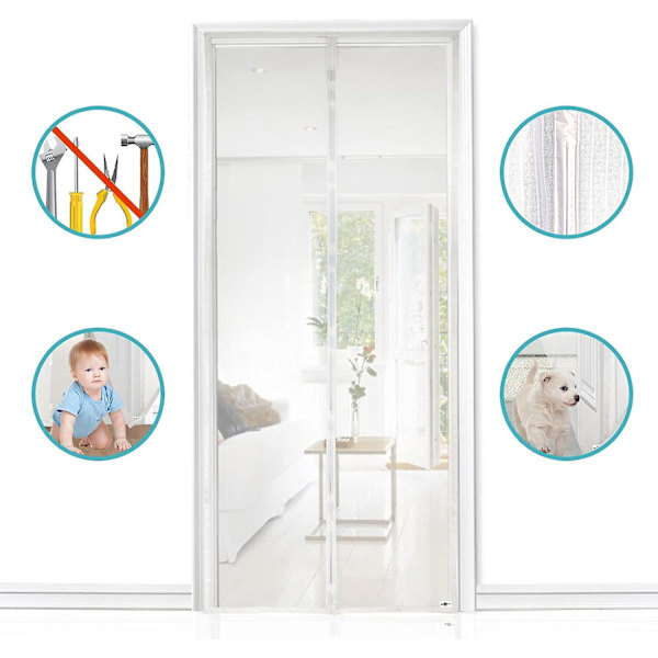 Myggnät Magnetisk Dörr 120x210 cm (47x83 tum) Myggnät Gardin Självstängande Flugfönster, Vit