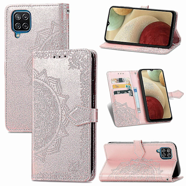 Kompatibel med Samsung Galaxy A12 Fodral Läder Plånboksfodral Präglad Mandala Magnetisk Flip Skydd Stöttålig - Roséguld