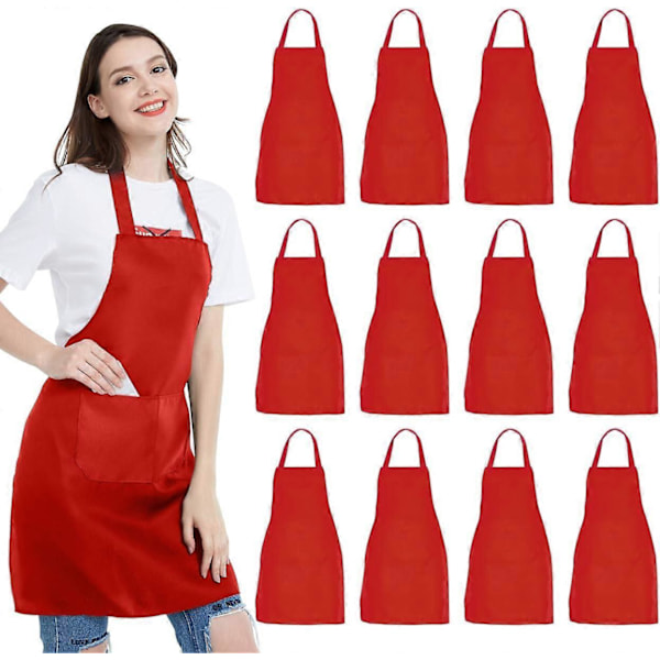 12 Pakkaus Etuliina - Unisex Punainen Etuliina Paketti 2 Tilavalla Taskulla Konepesu Keittiölle Käsitöille BBQ Piirtämiselle