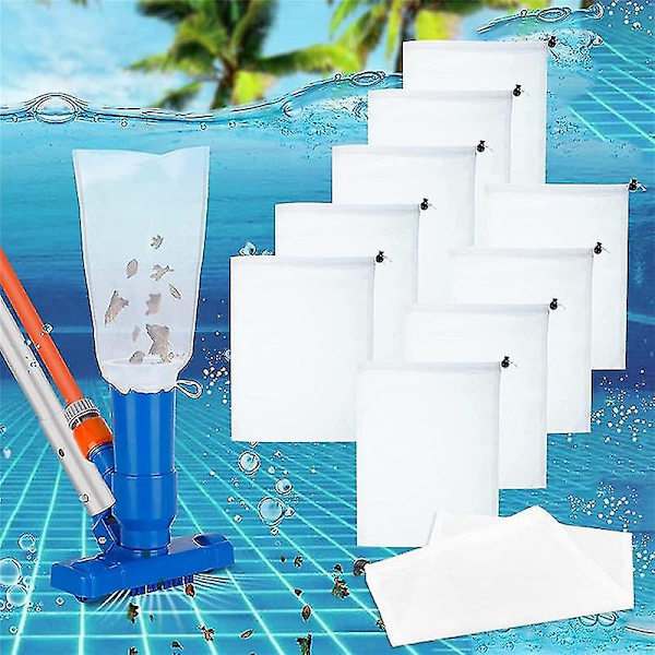 10-pack finmaskig poolpåse för dammsugare, 9x12 tum ersättning pool jet dammsugare dragsko nylonpåse,