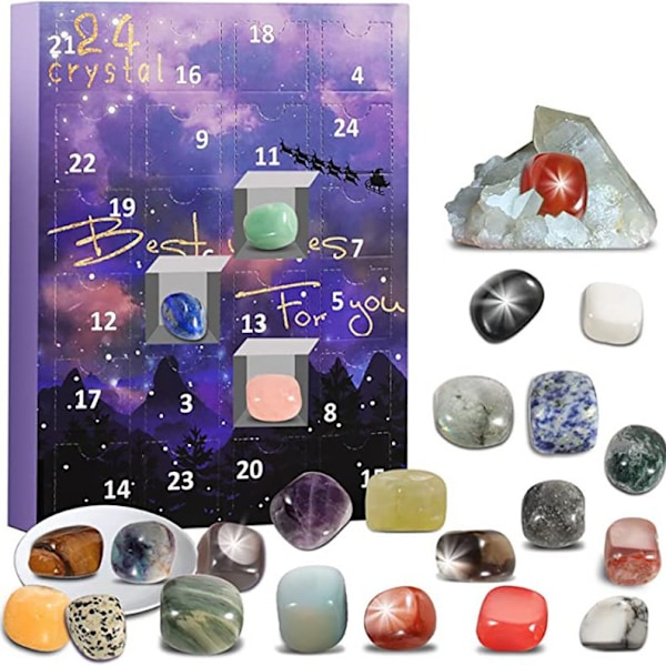 Adventskalender 2024 krystal, nedtælling til jul med 24 chakra krystaller og identifikationskort, til samling og dekoration