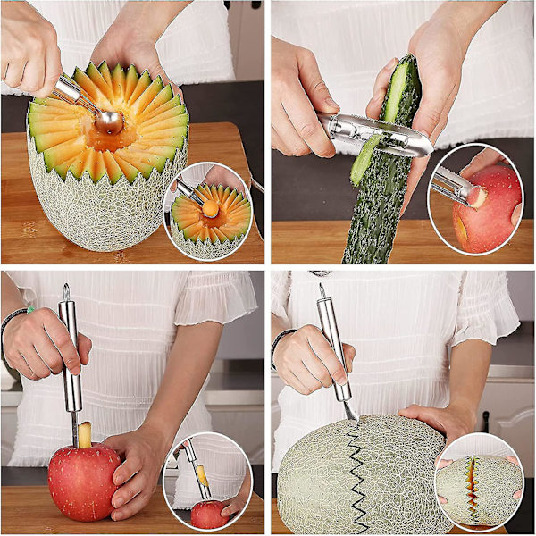 Rostfritt Stål Äpple Tanner Frukt 4 Frukt Pebes Verktyg Underlägg Melon Sked Melon Gåva