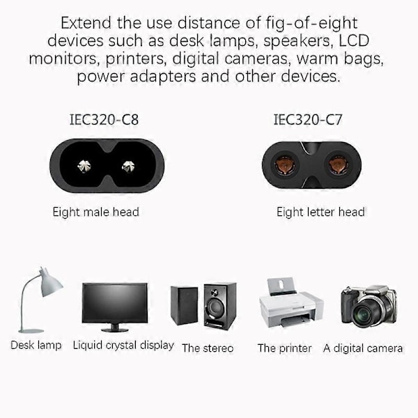 Strømforlengelseskabel, IEC320 C7 til C8 Strømadapter Forlengelseskabel med bryterkontroll med \"8\" Int
