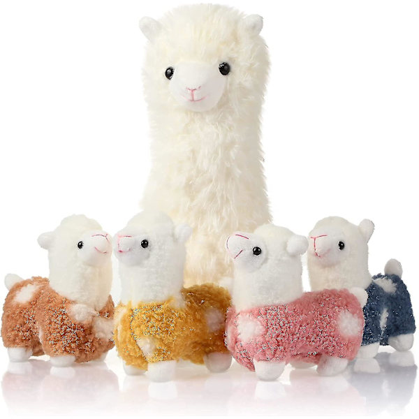 Lama Plyschdjur med 4 Babylamar Söta Alpaca Plyschset Kawaii Lama Mjuk Kudde Dockor för Flickors Födelsedag Bröllop Jubileum Presenter Hem Sof