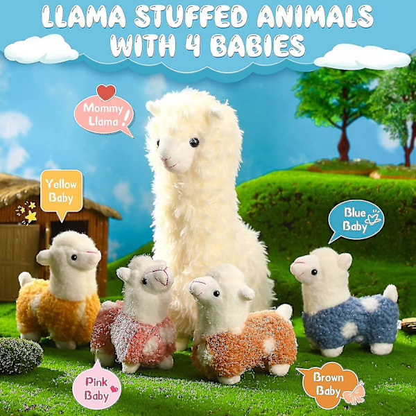 Lama Plyschdjur med 4 Babylamar Söta Alpaca Plyschset Kawaii Lama Mjuk Kudde Dockor för Flickors Födelsedag Bröllop Jubileum Presenter Hem Sof