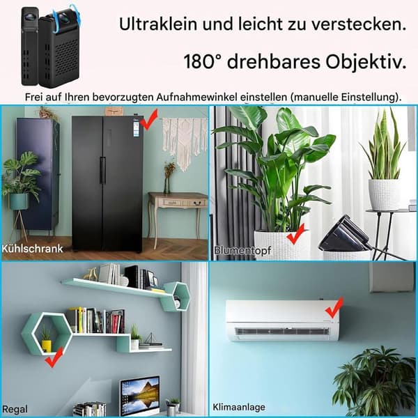 Mini 4K säkerhetskamera – WiFi-kamera med 180° roterbar lins, stöder fjärrövervakning via app och mörkerseende.