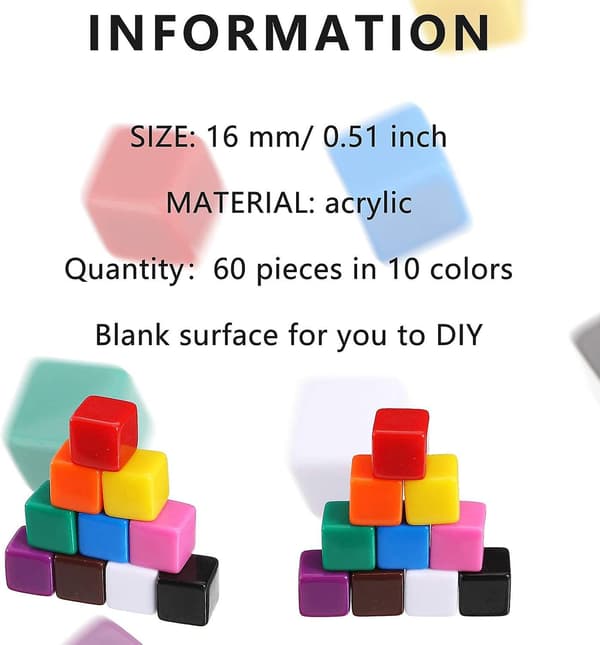 60 Stykker 16 mm Blanke Terninger Akryl Terninger Assorterte Farger DIY Terninger for Brettspill