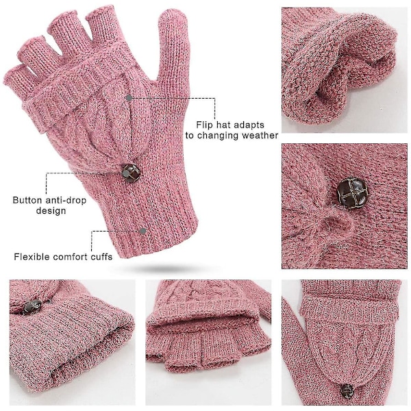 Damer Handsker Fingerløse Vanter - Dame Handsker Vinter Varme Strikket Fingerløse Handsker Uld Vanter Flap Cover Tekstning Handsker Pink