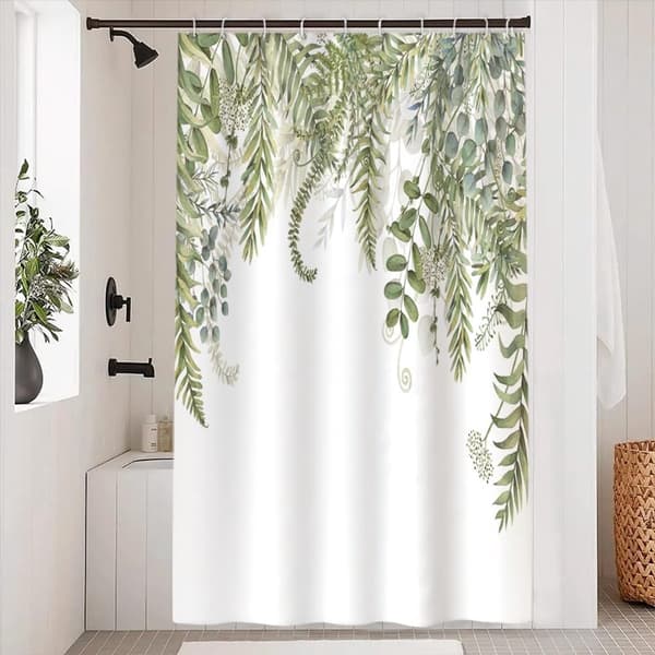 Mögelresistent duschdraperi, 150 x 180 cm, akvarelltryck med växtblad, tvättbart, vattentätt, litet badrumsdraperi med krokar, Stil