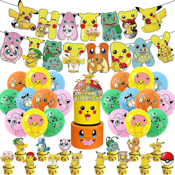 Pikachu-tema födelsedagsfesttillbehör Pokemon Pokemon Flagga Ballong Tårta Insats set