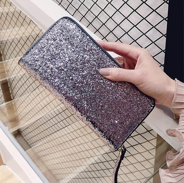 Kvinders Sequined Pung Casual 2-fold Lang Møntpung (sort)