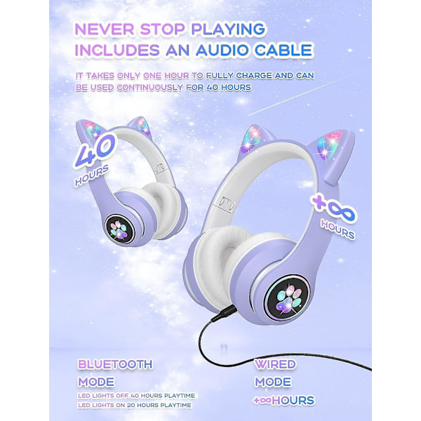 Bluetooth-lasten kuulokkeet HD-mikrofonilla/LED-valoilla (violetti), 85 dB:n äänenvoimakkuuden rajoitus, stereokuulokkeet älypuhelimelle, Ipa