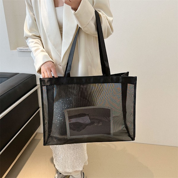 Transparent Strand Nylon Taske Mesh Håndholdt Shopping Taske HVID Hvid