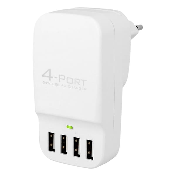 Vegglader 4x 6.8A USB-kontakter: 2 smarttelefoner + 2 nettbrett - Hvit