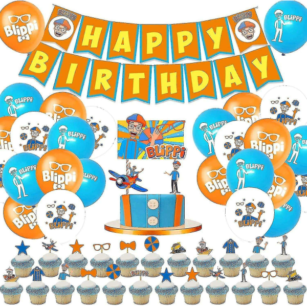 Födelsedagsfesttillbehör 68-delars set inklusive 1-pack Blippi Happy Birthday Banner, 24-pack latexballonger