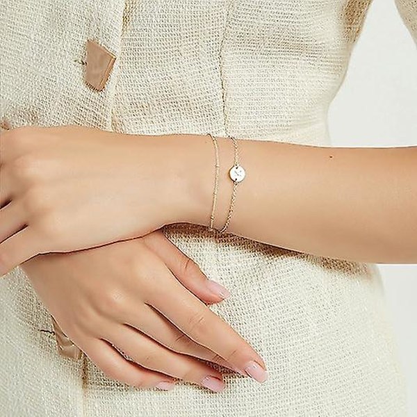 Gull Initial Armbånd F03or Kvinner Jenter, Sjarmerende 14k Gull F03ylt Lagdelt Perlet Brev Initial Armbånd Personlig 26 Alfabet Skive Monogram Charm