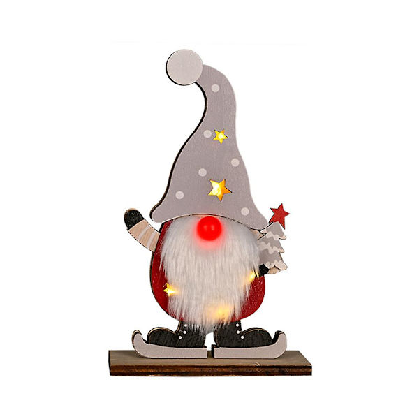 Träjultomte Ornament med LED-ljus Handgjord Svensk Tomte Nisse Skandinavisk Jultomte Elf Plysch för Dockor