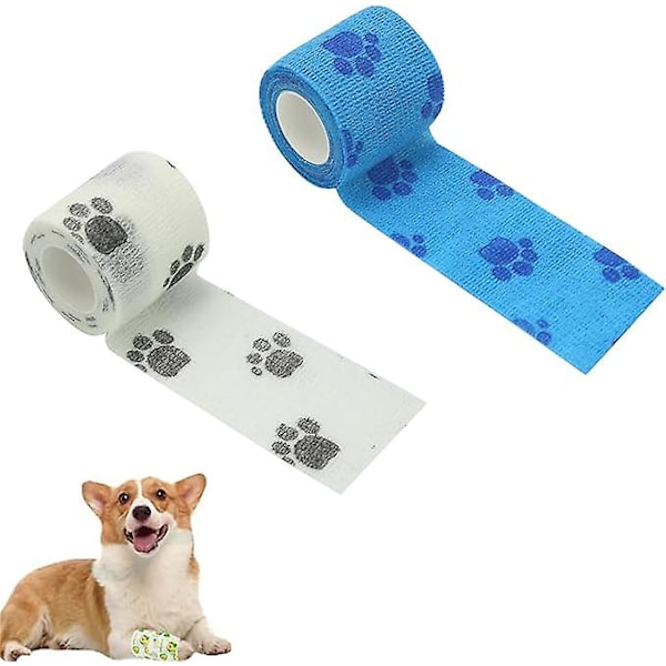 Bandage-sko til hunde, hundepot-bandage af ikke-vævet tape, selvklæbende bandage-sko, hundens DIY-sko til potebeskyttelse (2 stk., 5 cm * 4,5 m) hvid blå