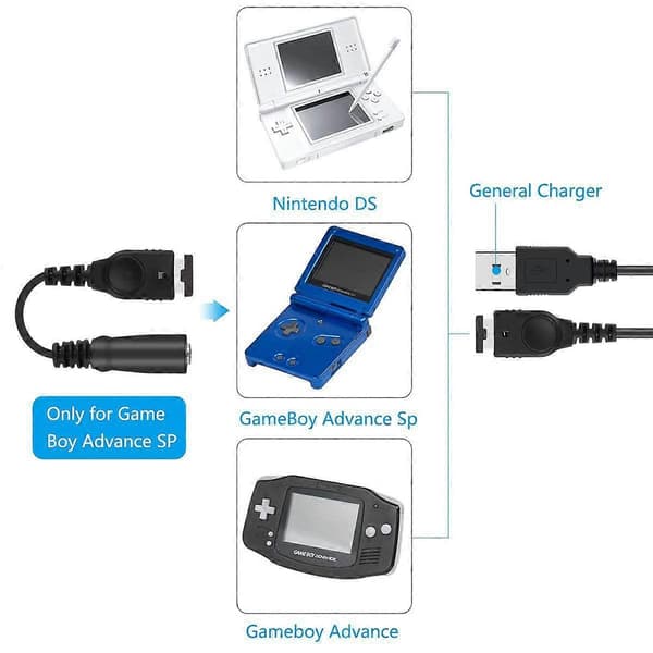 Opladerkabel og 3,5 mm hovedtelefonadapterkabel til Gameboy Advance SP