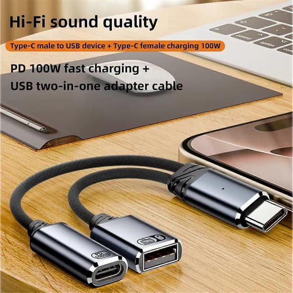 USB-C OTG -kaapeli PD-latausportilla, 2-in-1 harmaa
