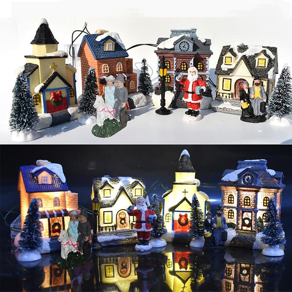 Julepynt Juleby-Sæt, Harpiks Julepynt Med LED-Lys Julebyhuse