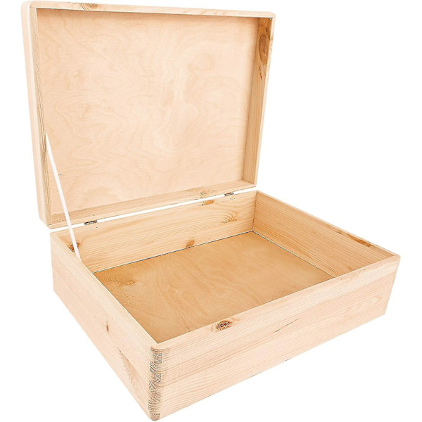 Naturlig omålad trälåda med lock - 40 X 30 X 14 cm, dekorativ verktygslåda